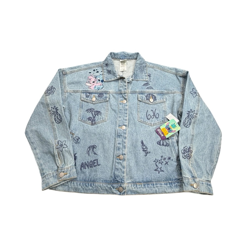 Disney Denim Jacket Womens L Blue Stitch Angel 626 Light Wash Embroidered Doodle - Picture 1 of 14